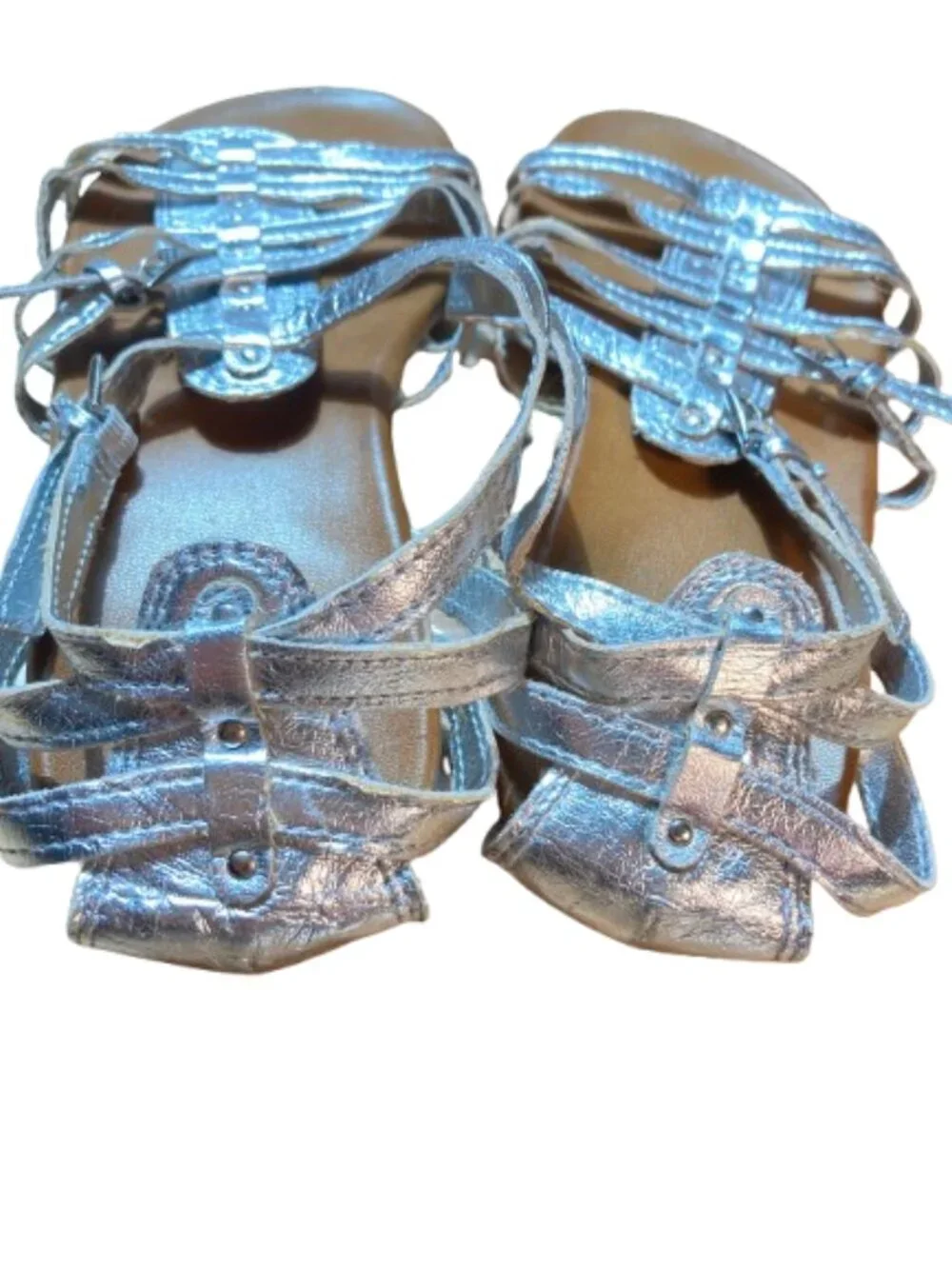Route 66 Silver Metallic Gladiator Sandals Flat Strappy Chic Boho Fun size 7